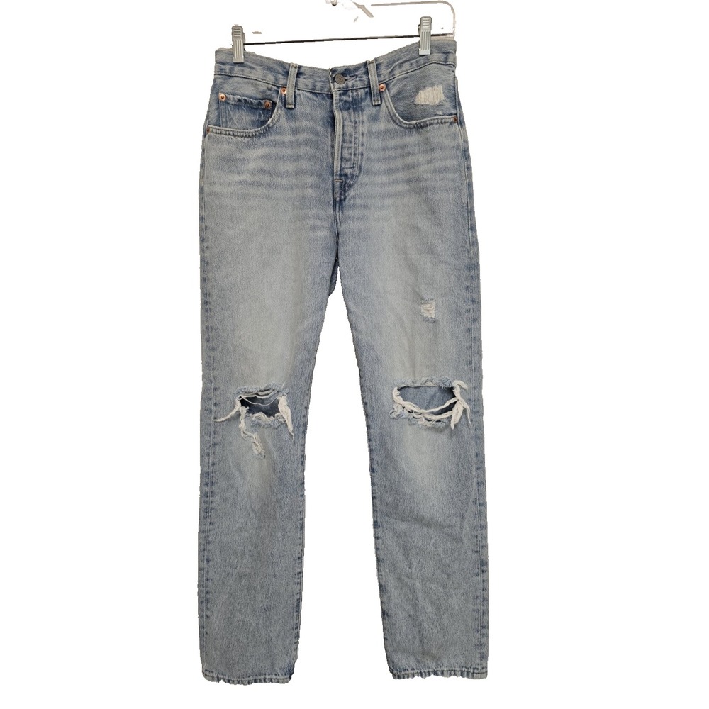 Levis 501 Original Fit Womens Jeans 27x30 Light Blue Ripped Knees